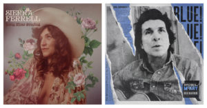 Left: Album artwork shows a young white woman surrounded by flowers. She has light brown hair and is looking into the distance; she wears a pink-looking top and a big hat. Right: A middle-age white man with dark hair holds a guitar and looks up into the distance.