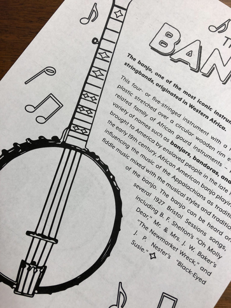 The BCM banjo coloring sheet includes information about the banjo's origins along with the picture for coloring in.