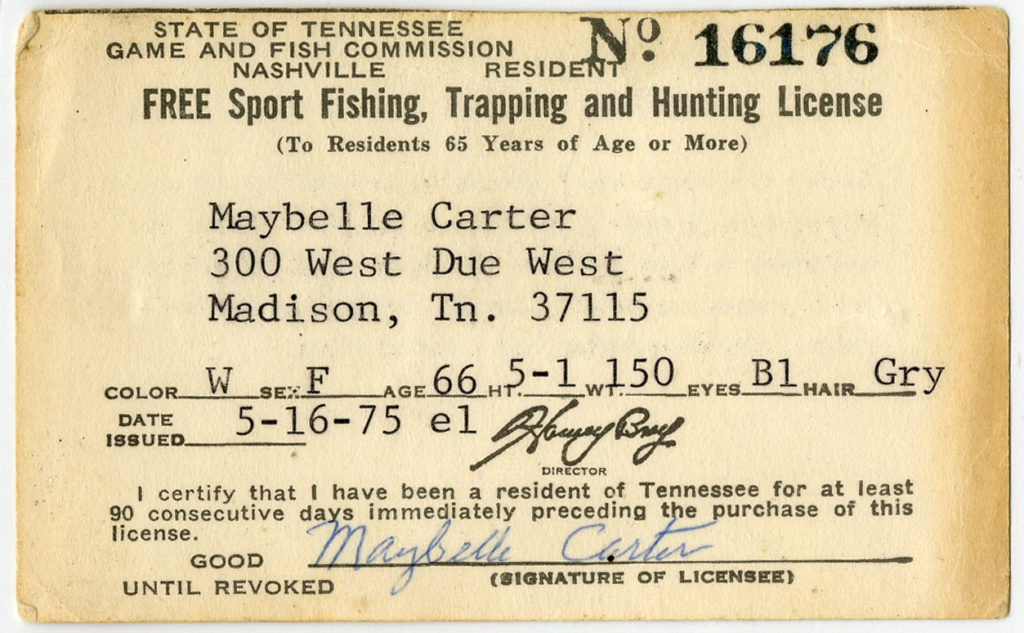 Hunting and fishing licence with Maybelle's name, address, descriptive details, and signature. It was issued in 1975.