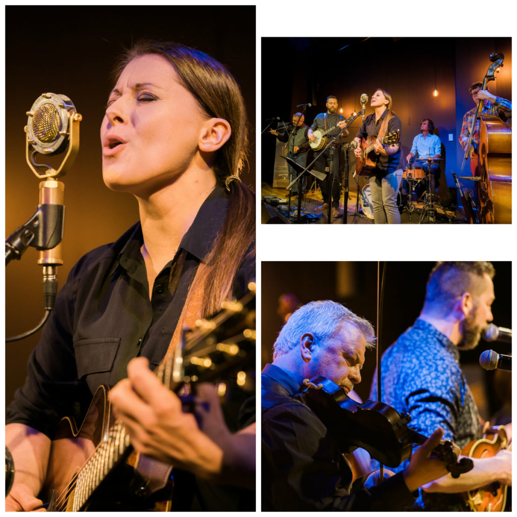 Left pic: A close up of Beth Snapp singing into the mic and playing her guitar; top right: the whole band playing on stage with Beth Snapp in the middle; bottom right: a close up of the band's fiddler and banjo player.