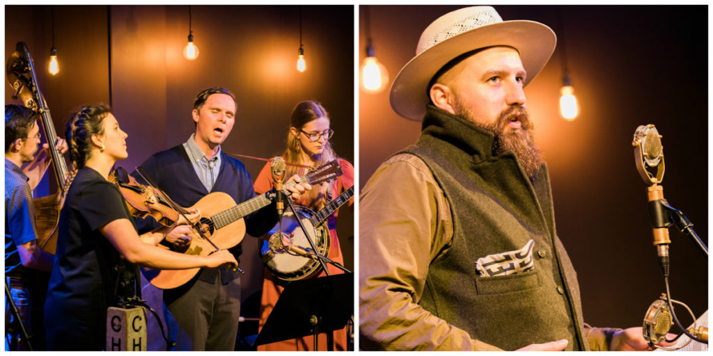 Left: Bill and the Belles' musicians -- on bass, fiddle, guitar, and banjo -- around the microphone on stage at the show. Right: Nathan Brand, wearing a hat and country-style vest, at the microphone.
