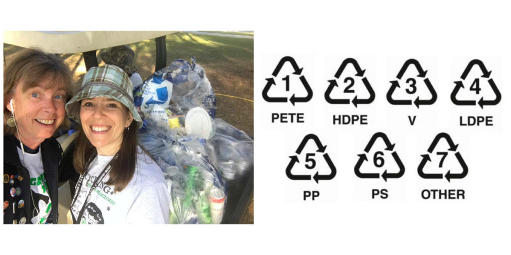 Left: Two Green Team volunteers taking a selfie in front of a large pile of festival recycling on the back of a golf cart. Right: The 7 triangular recycle symbols found on plastics.