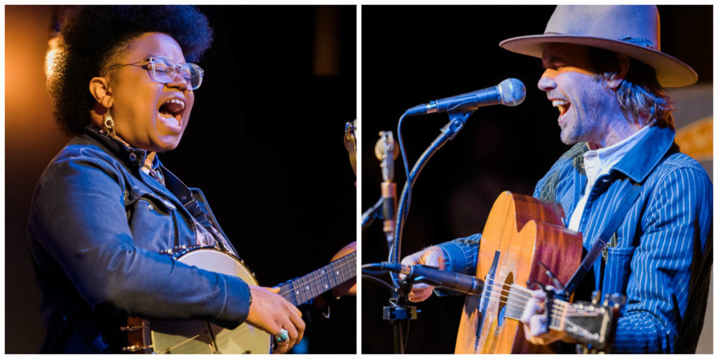 Left: Amythyst Kiah in jean jacket, eyes closed and singling with her banjo on stage. Right: Willie Watson, in striped jacket and hat, with his guitar.
