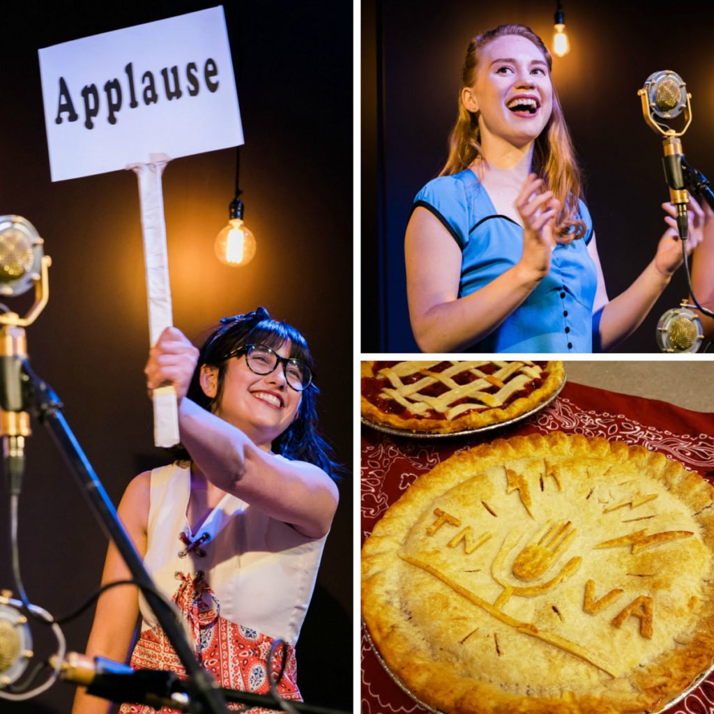 Left: Summer Apostol smiling at the audience while holding up an "applause" sign.  Top right: Toni Doman talking into the mic. Bottom right: Close up of Toni's cherry pie with the Radio Bristol logo -- a mic with TN and VA on each side of it.