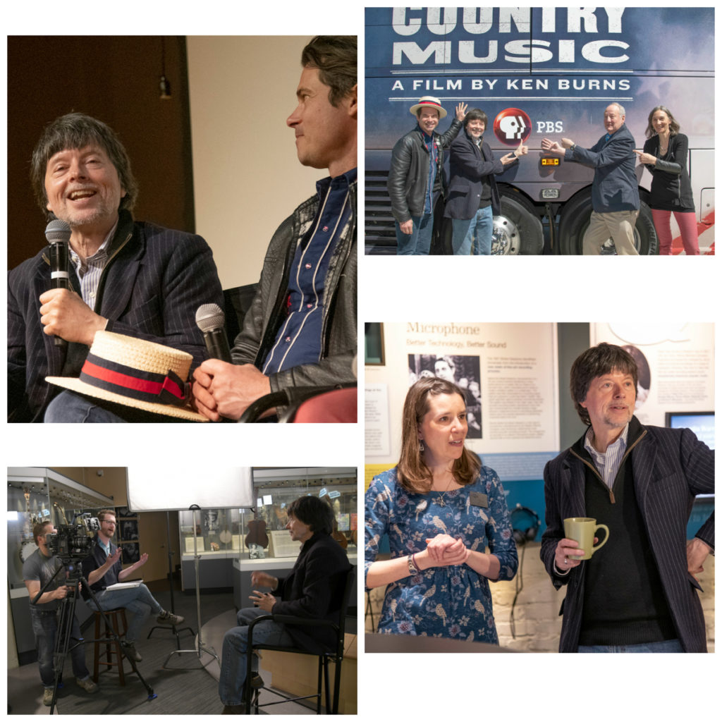 Top left: Ken Burns and Ketch Secor talking into mics during the Q&A at the museum; Top right: Secor, Burns, Dayton Duncan, and Julie Dunfey pointing to the PBS logo on their road show bus; Bottom left: Burns being interviewed by media in the museum's exhibits; Bottom right: Burns in the museum's exhibits with the head curator.