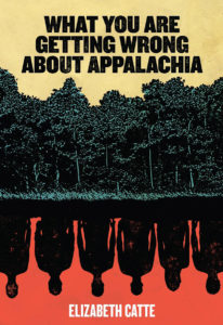 The cover of What You Are Getting Wrong about Appalachia shows a yellow sky with the title words in black on it. The sky is above a dark green and black forest and the reflection of the trees in the red water below as standing people.