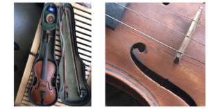 Left: A photograph of Blind Alfred Reed's fiddle in its case with the bow beside it. Right: A close-up of the F-hole of the fiddle showing the label with the name Giovanni Maggini on it.